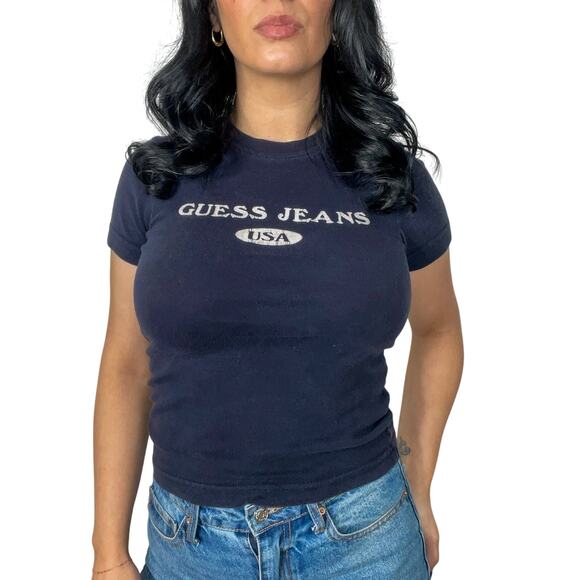 1990s Vintage Guess Navy Blue Crewneck Logo Graphic T-Shirt Baby Tee - Picture 2 of 6